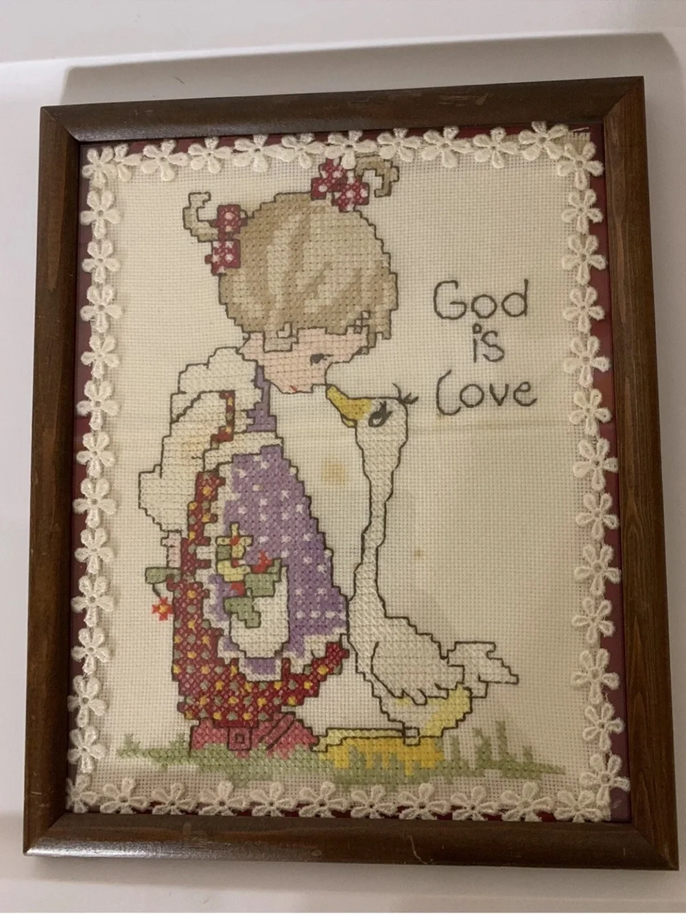 Finished Vintage Needlepoint Framed Matted Girl & Goose Wall Hanging